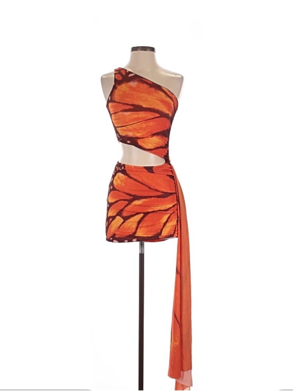 One-Shoulder Orange Butterfly-Print Mini Dress with Draped Sash
